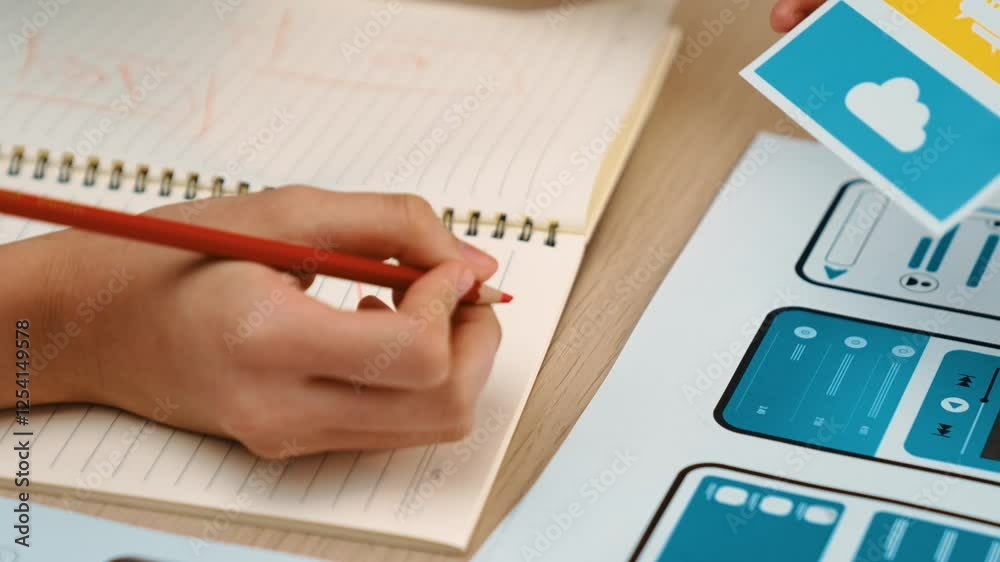 Poster startup company employee planning for user interface prototype for mobile application or website in 