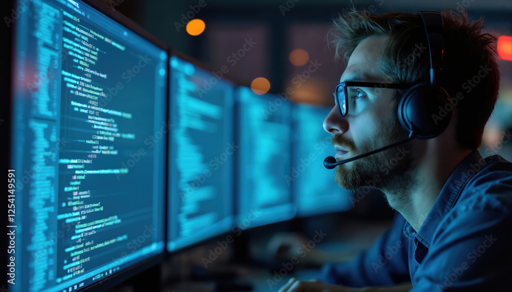 Leinwandbilder cybersecurity analyst reviews code on multiple monitors in modern soc. pro in headphones analyzes di