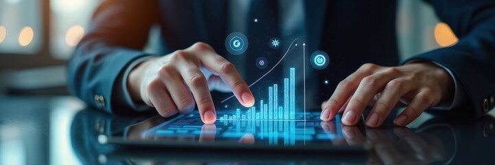 Photo of man analyzing digital graphs on tablet. Concept of cost reduction, cost savings in corporate business by efficiently manage expenses. Company resources optimization for health, profit growth.