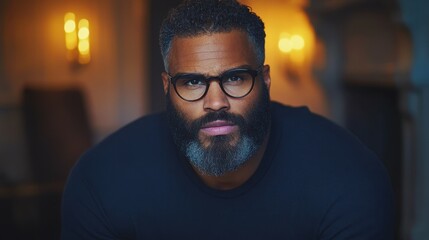 Obraz premium A man with glasses and a beard is standing in front of a wall. He is wearing a black shirt and he is looking at the camera