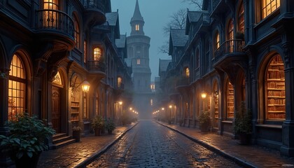 Obraz premium Night in antique enchanted library town street with glowing windows. Fairytale city landscape with glowing lamp light, old architecture, cobbled road. Mysterious vintage building with books.