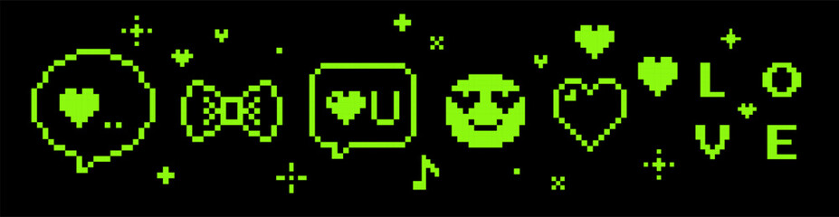 Fototapeta premium Retro pixel art design with hearts, bow icon, smile face and game abstract elements. Geometric love pattern. Trendy Y2k retro sticker. Playful pixel shapes. Mood of 90's aesthetics. Black background
