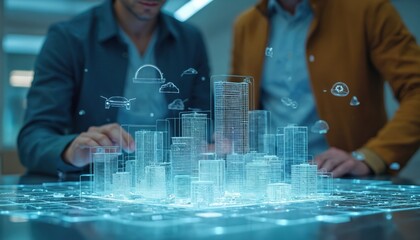 Urban planners collaborate in futuristic city model room with AI assistant. Holographic grid provides real-time planning suggestions. Tech integration in creative design space.