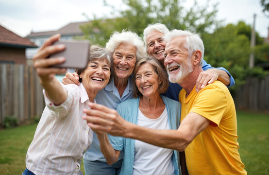 Group of senior people smiling at camera outdoors. Older friends taking selfie pic with smart mobile phone device. Pensioners have fun together on summer holiday.