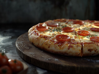 Classic Pepperoni Pizza with Melted Cheese on Wooden Board 