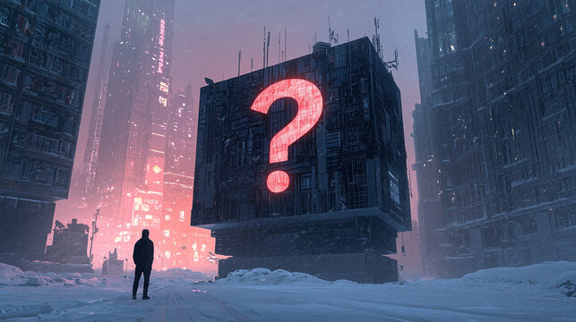 Futuristic cityscape with glowing question mark on a building, silhouetted figure in snowy street, cyberpunk atmosphere