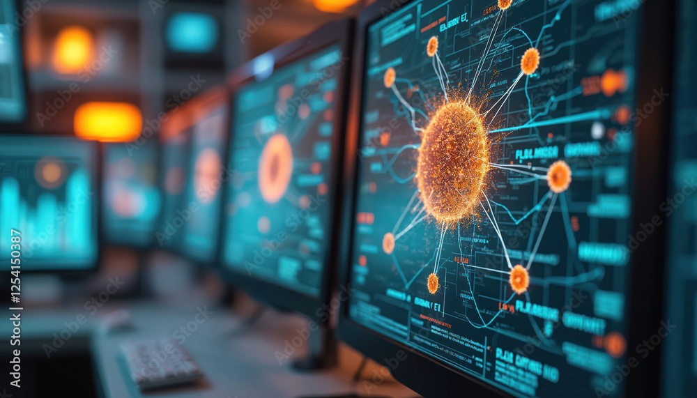 Aufkleber Lab scene shows AI algorithms accelerate drug development, with digital molecule models, complex data visualizations on screens, fusion of tech, science in medicine industry.