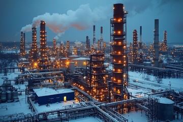 Naklejka premium A night view of oil rigs and a brightly lit industrial site