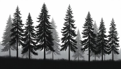 Obraz premium Stylized black pine tree forest silhouette isolated on pure white background features intricate branches, tall trunks in serene monochromatic scene. Dark mysterious evergreen conifer woodland nature