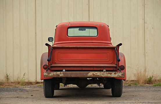 Back view of old rusted red pickup truck. Vintage classic American car with peeling paint, rust damage on tailgate and rear bumper. Transportation industry background.