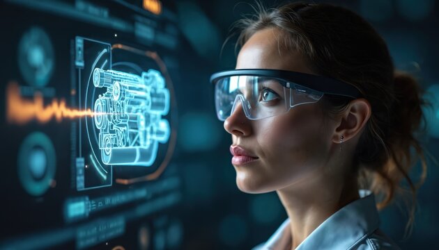 Woman analyses holographic engine image using digital glasses. Futuristic tech, turbine design, engineering inspection, digital analysis in industrial factory. High tech industry, automobile design,