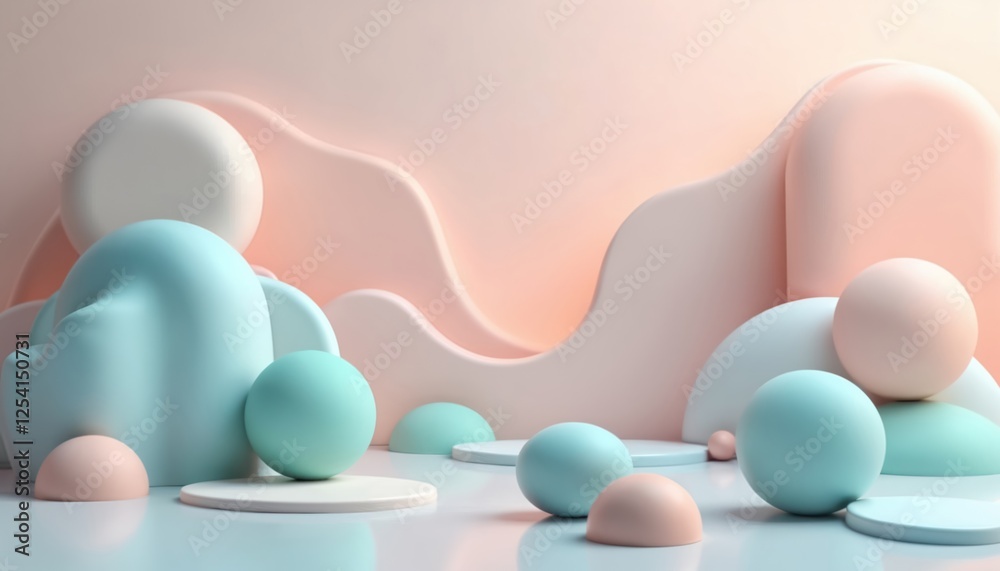 Poster pastel color palette geometric composition with spheres, platform, and matte shapes. modern abstract