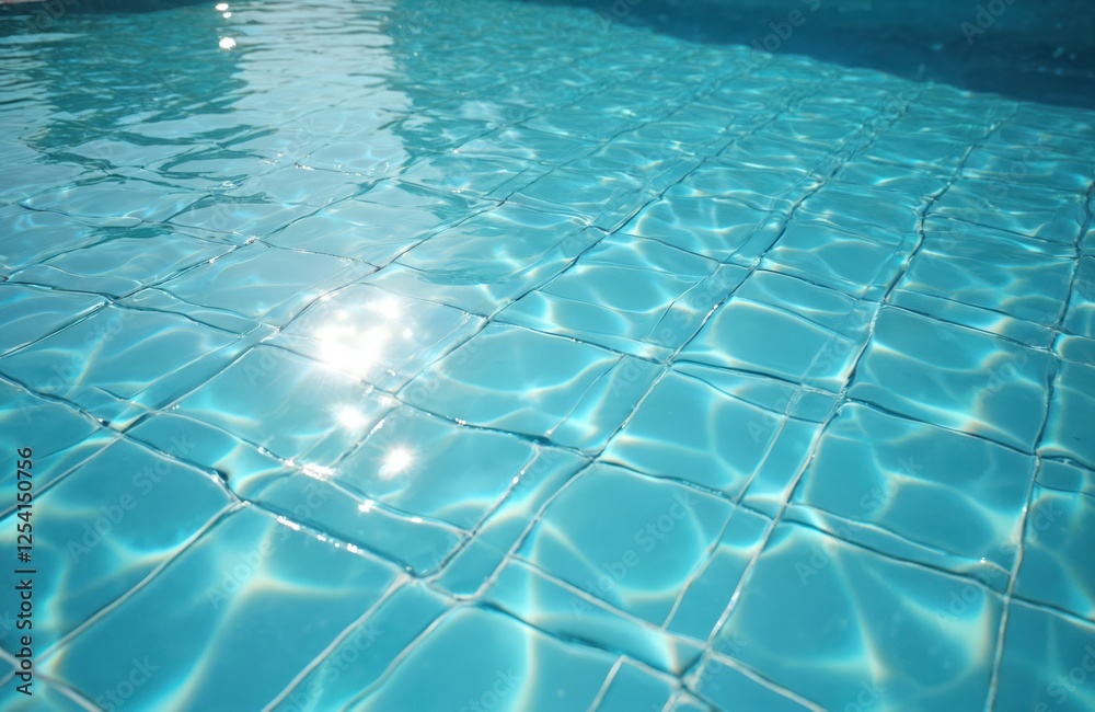 Poster crystal clear blue water in swimming pool. light reflects creating wave pattern on tiles floor. rela