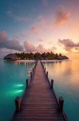 Fototapeta premium Amazing sunset panorama at Maldives. Luxury resort villas seascape with soft light under colorful sky. Tropical beach background. Beautiful twilight sky and colorful clouds reflection.