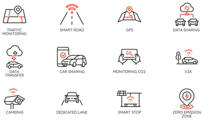 Vector Set of Linear Icons Related to Intelligent Transportation System, Modern Urban Mobility and Sustainable Transport. Mono line pictograms and infographics design elements