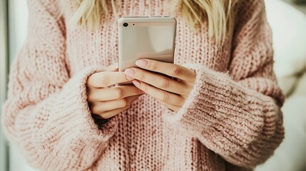 A woman is holding a cell phone in her hand while wearing a pink sweater. She is focused on her phone, possibly texting or browsing the internet. Concept of modern technology