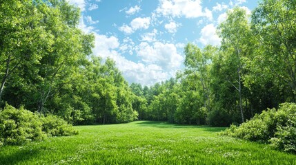 Obraz premium Lush green forest meadow, sunny day, nature background, perfect for travel brochure