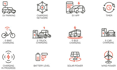 Vector Set of Linear Icons Related to Charging for Urban Electric Vehicles and Sustainable Transport. Mono line pictograms and infographics design elements