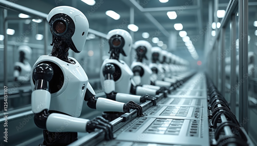 Poster autonomous robots automate futuristic machinery factory industry. logistic assembly line, advanced e