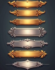 Game silver, gold ui borders evolution from simple to luxury plaque with elegant rims. Level plaques isolated cartoon graphic gui elements for rpg, mmo or app.