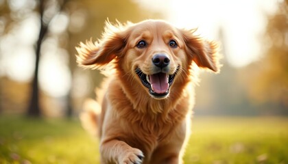 Golden retriever runs with energetic joyful expression in sunlit nature, embodying dynamic life and happiness. Happy dog with floppy ears jumps, mouth open, tongue hanging out.