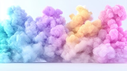 Fototapeta premium Colorful pastel smoke clouds in blue, purple, yellow, and pink billow across a clean white studio background.