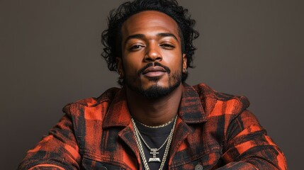 Obraz premium A man with a beard and a necklace is sitting in a red and black plaid jacket. He has a serious expression on his face