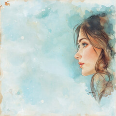 Watercolor woman portrait Digital paper, background, frame