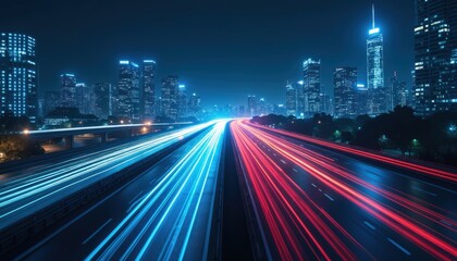 Fototapeta premium Night cityscape with light trails on highway. Futuristic tech concept with data flow on road. Urban skyline with illuminated buildings and motion blur lights.