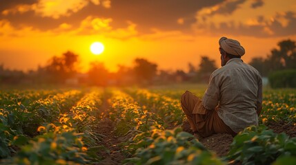 Fototapeta premium Indo Pak rural scene lower caste worker tilling fields his simple clothing posture contrasting landowner observing a distance wearing traditional upper caste attire the sun setting in the background