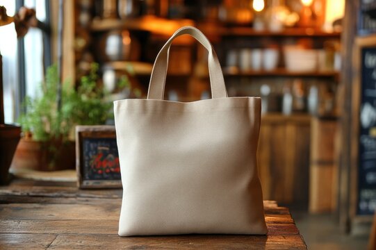 Stylish tote bag displayed on wooden table cozy atmosphere close-up product photography