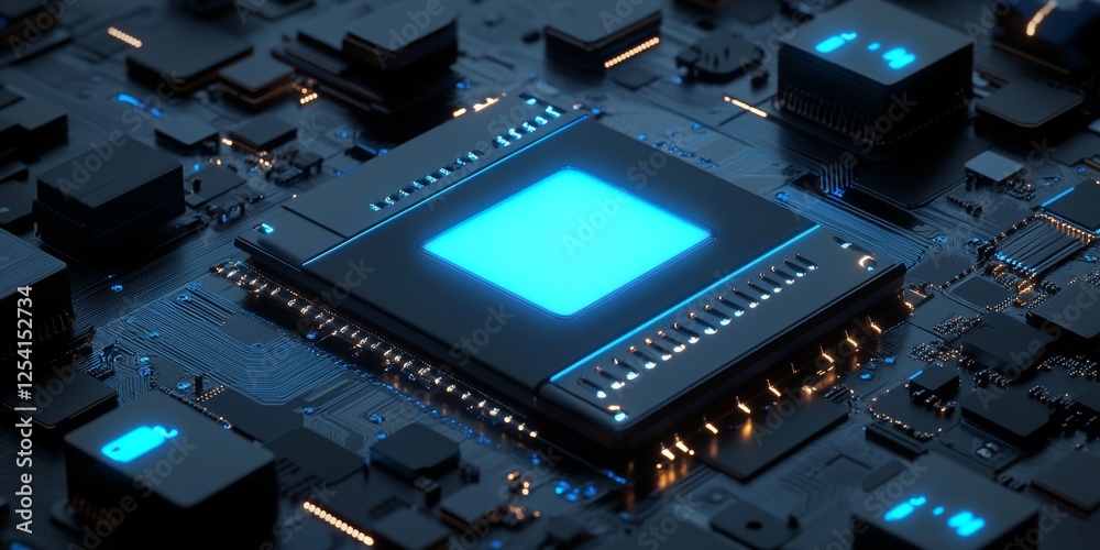 Poster Glowing CPU on circuit board; tech background;  marketing