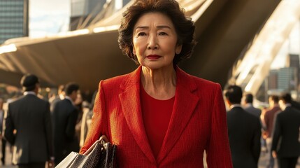 A woman in a red jacket is walking down a street with a purse. She is surrounded by a crowd of people, some of whom are wearing suits. The scene has a sense of busyness and formality