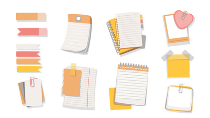 Note cartoon pad pages, paper stickers set. Funny ribbon bookmarks, notepad sheets with binder, metal clip post on board. Stationery, note mascot, cartoon cute memo messages vector illustration