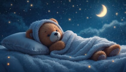 Adorable teddy bear sleeps under starry night sky with moon, covered with fluffy blanket. Cosy, cute illustration evokes childhood dream and sweet slumber in bedchamber. Night lights. Fairy tale.