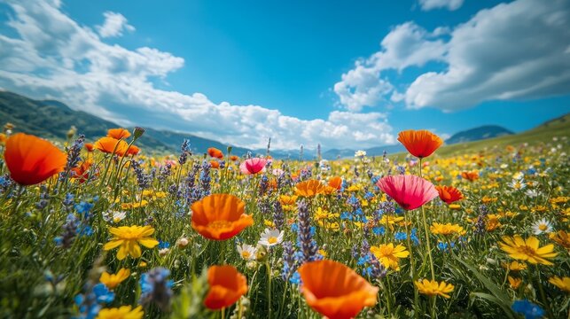 A wide-angle view of a vibrant floral landscape, featuring rolling hills covered with a mix of colorful wildflowers like poppies, daisies, and lavender, under a clear blue sky.