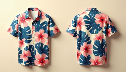 Illustration of Hawaiian short sleeve shirts with floral pattern. Summer clothes. Trendy fashion apparel design. Mockup of modern male outfit. Back and front view of stylish garment.