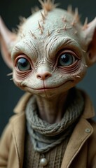Close-up of a detailed alien creature sculpture. Big eyes, spiky head, wearing a coat and scarf. Fantasy art concept. Figurine with unique, dramatic expression.