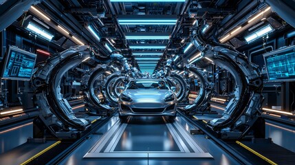 Robotic Arms in Futuristic Factory Setting with a Sleek Car Centralized on the Assembly Line