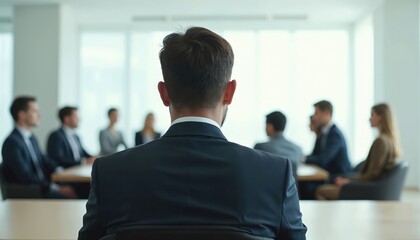 Businessman sits before panel in modern office. Candidate at job interview answers questions. Corporate meeting with dialogue, leadership, decision-making. Sharpened appearance, body language,