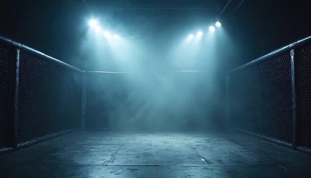 Dramatic empty MMA cage illuminated by spotlights and fog. Fighting competition venue background with octagon ring, steel mesh, modern design, night scene. Space for fight, action, intensity.