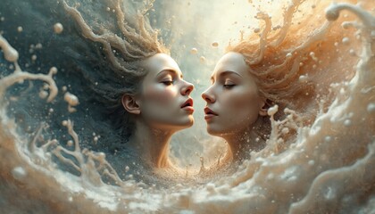 Obraz premium Digital art of two abstract female faces emerging from liquid whirlwind. Dreamlike surrealism evokes transformation, psychic connection, subconscious and intense spiritual metamorphosis of humanity.