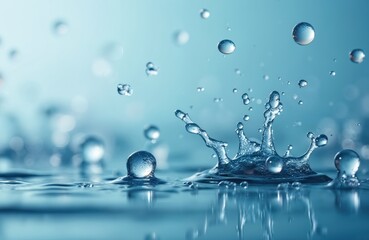 Water droplets and bubbles. Clean transparent fresh water splash background. Liquid purity concept. Resource for healthy lifestyle, science, advertising drink water.