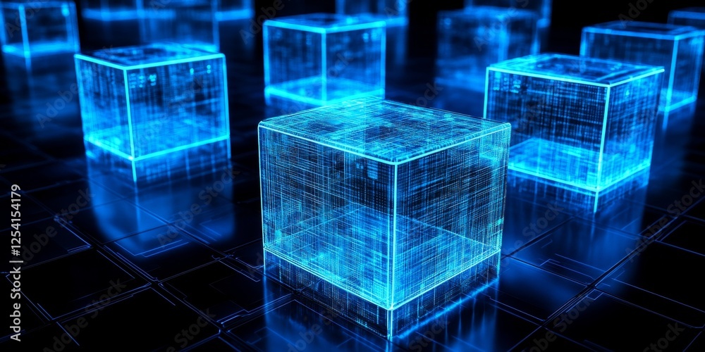 Poster Glowing data cubes on grid; digital network background