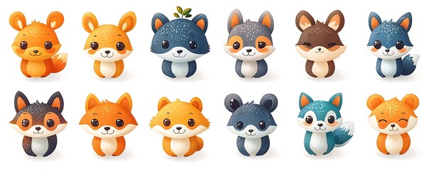 Collection adorable animal face illustrations set against a plain white backdrop, ideal for children's books or educational materials.