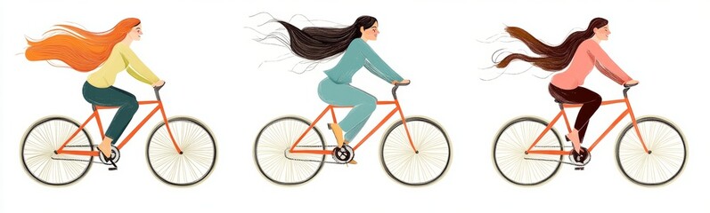 Obraz premium Young women riding bicycles with long hair flowing in wind