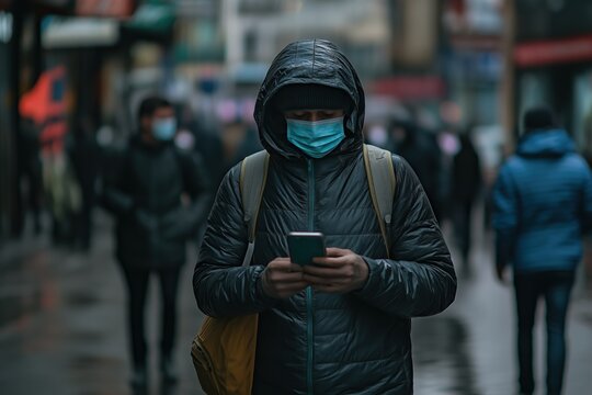 Masked Person Using Phone in Crowded Street: A hooded individual checks their smartphone while wearing a face mask in a busy urban environment.