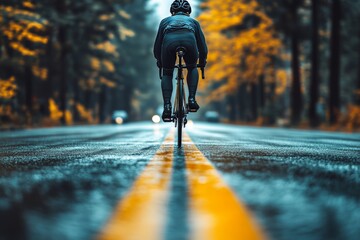 Cyclist riding on scenic road during national bicycle month