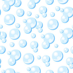 Seamless pattern with blue air bubbles in cartoon style. Vector illustration of a pattern of round soap bubbles of different sizes isolated on a white background. Packaging, wrapping paper. 