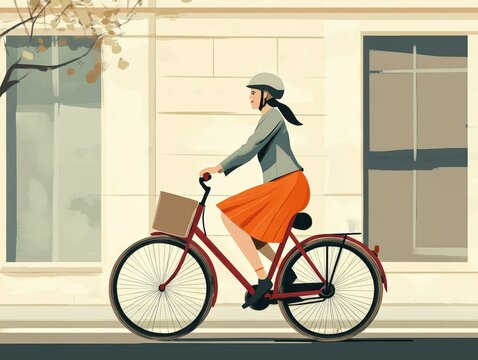 Young woman riding bicycle in urban setting during national bicycle month